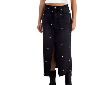 Indigo Rein Black Embroidered SilverStar-Patterned Midi Skirt